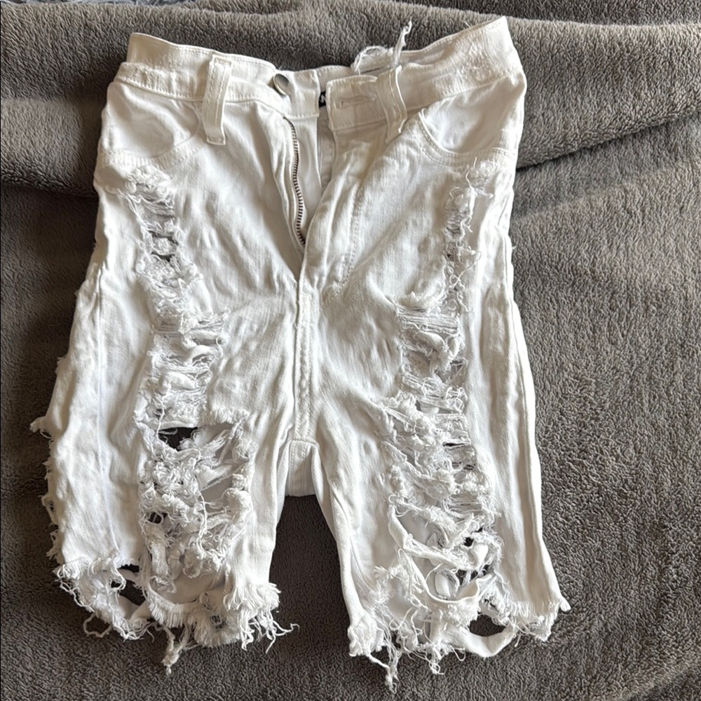 Distressed White Denim Shorts